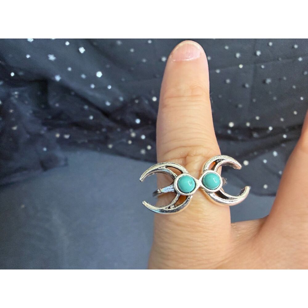 Double Moon Turquoise Look Ring Size 6.5, Silver Tone Crescent Statement Ring